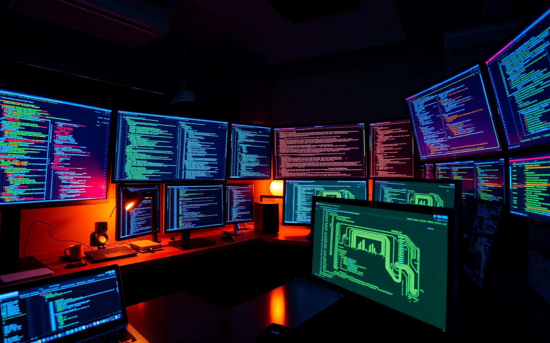 Illuminated engineering workspace with multiple monitors showing source code and dashboards