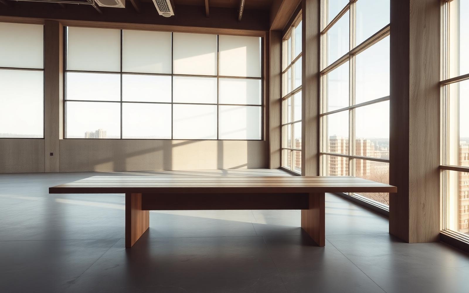 Minimalist modern office interior with a long wooden desk and floor-to-ceiling windows