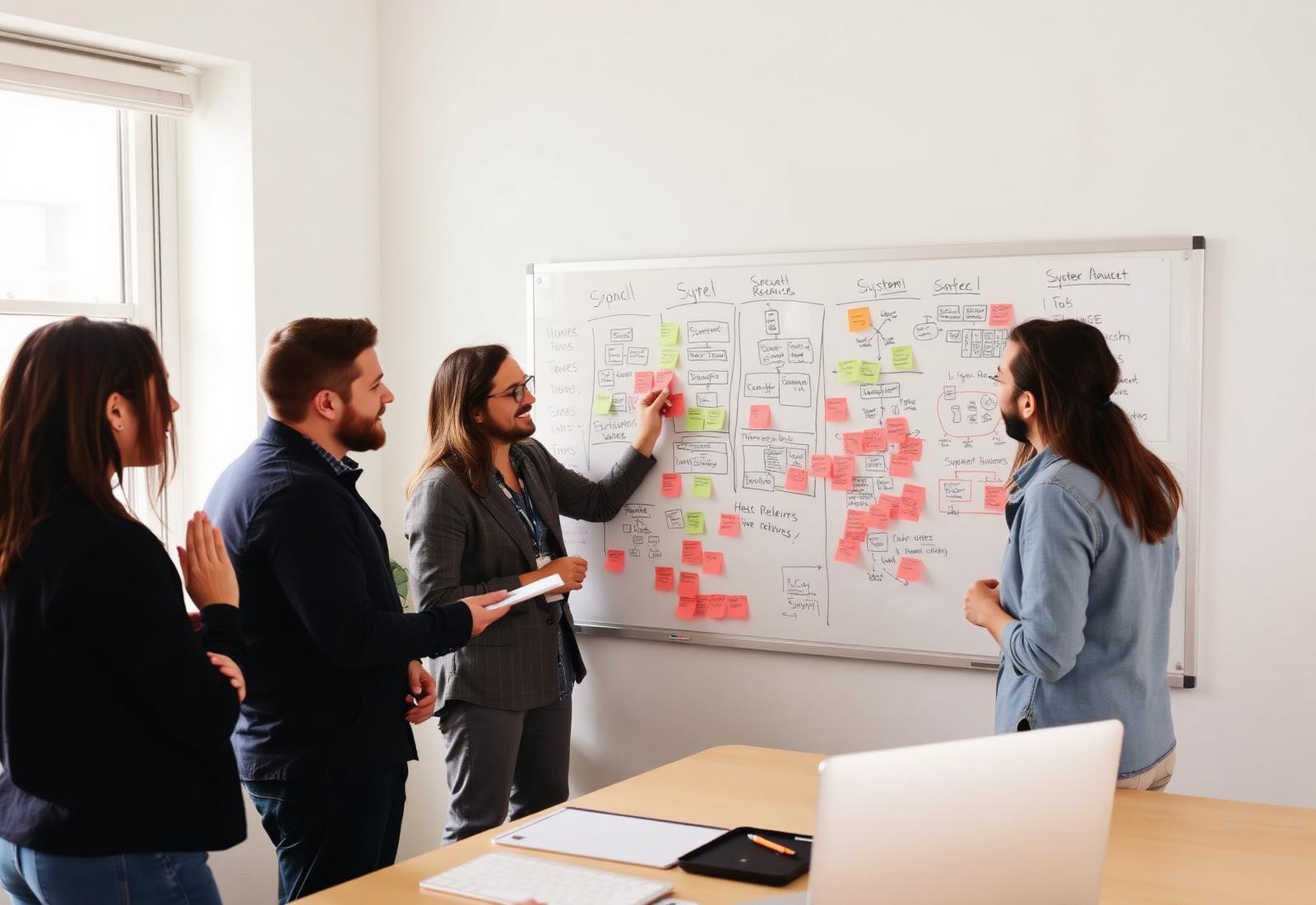 Small team collaborating on a system architecture diagram at a whiteboard
